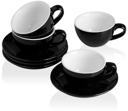Sweejar Home Ceramic Cappuccino Cups Set, 120ml Espresso Cups, Porcelain Cup & Saucer Set, Tea Cup Set for Specialty Coffee Drinks, Latte, Americano, Set of 4 (Black)