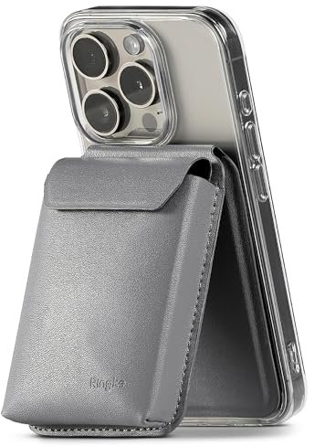 Ringke Stand Pocket Magnetic Card Holder, PU-Leder Magnetischer Handy Wallet Verstellbarer Ständer [13 Karten Platz] Kompatibel mit iPhone 15 14 13 12 Series und Magnetischen Hülle - Light Gray