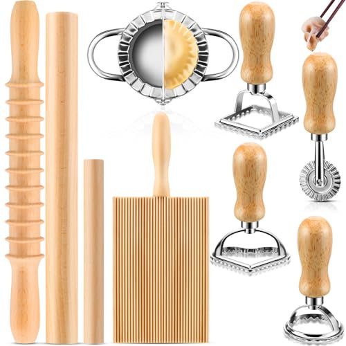 9 Pcs Pasta Making Tools Set Wood Gnocchi Board Wooden Rolling Pin Noodle Cutter Ravioli Stamp for Homemade Maker Kitchen Gifts Kit