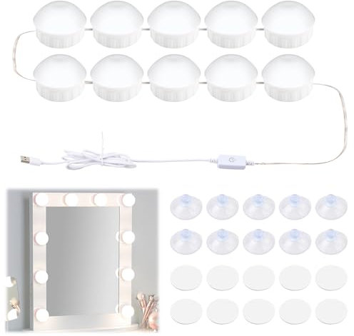 Jinlaili 10 Dimmbar Spiegelleuchte mit 3 Farbe, Hollywood-Stil Dimmbar Schminklicht, LED Makeup Lampe, Schminktisch Leuchte, Schminkleuchte, Spiegellampe für Kosmetikspiegel, Badzimmer Spiegel (Weiß)
