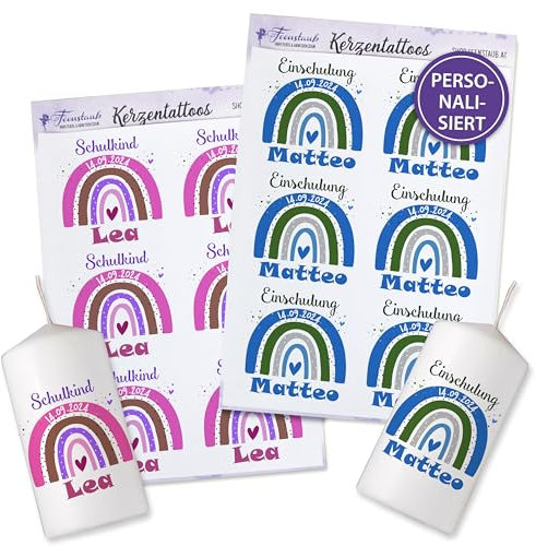 FEENSTAUB Kerzentattoos Einschulung, personalisierte Deko Schuleinführung, Einschulung Deko selber machen, DIY Tischdeko Einschulungsfeier Kerzenfolie, Deko zum Schulanfang, Regenbogen