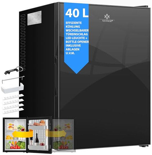 KESSER® Mini Kühlschrank 40L mit Glasfront Minibar ideal für Camping, Büro, Schlafzimmer, Hotel, Küche kleiner Kühlschrank komplett lautlos, wechselbarer Türanschlag, Innenbeleuchtung inkl. Glasöffner