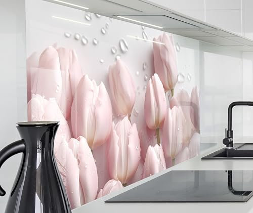 Herd Spritzschutz Wand Spüle, Küche Küchenrückwand Glasoptik | Acryl Glas 2mm | Glasrückwand Acrylglas Küchenpaneele Rückwandschutz Platte | 120x80cm Rosa Tulpen