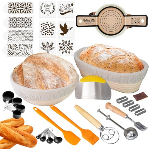 Banneton Brotgärkörbe, 22,9 cm rund und 25,4 cm ovaler Sauerteigkorb mit Upgrade, komplettes Brotbackzubehör, All-in-One-Sauerteig-Starter-Set, Premium-Geschenkset