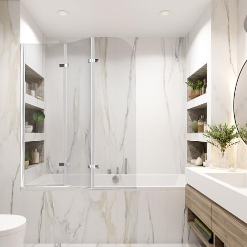 Jayseuw Duschwand für Badewanne 120x140cm, 3-Teilig Faltbar Duschwand Badewanne,mit 6mm ESG Sicherheitsglas,Badewannen Duschwand Silber Transparent,Glas Badewannenwand mit Badewannenaufsatz