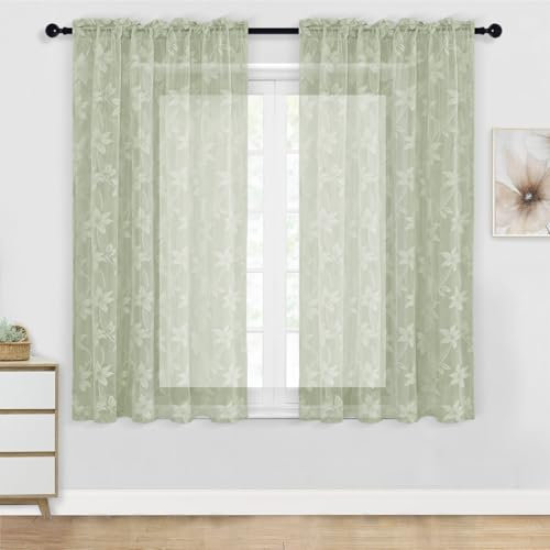 DWCN Durchsichtige Vorhänge mit floraler Spitze, 114,3 cm, kurze Stangentasche, Fenster, Voile, durchscheinende Vorhänge für Schlafzimmer, Küche, kleine Sindow, kurze Vorhänge 132,1 x 114,3 cm Länge,