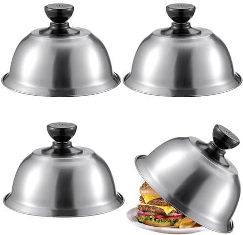 4Pcs Burger Covers, Stainless Steel Round Basting Covers for Griddle Grill, Cheese Melting Domes with Anti-Scald Handle, Steaming Covers for Cooking Hamburgers Steaks Bacon (4Pcs)