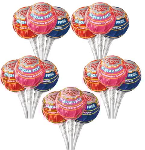 Chupa Chups Sugar Free Lollipops 3 Assorted Flavours Pack of 15 | Confectionery Sweets Candy Suckers Heat Sealed with Welari Thank You Card | (15pack) (15lollies)