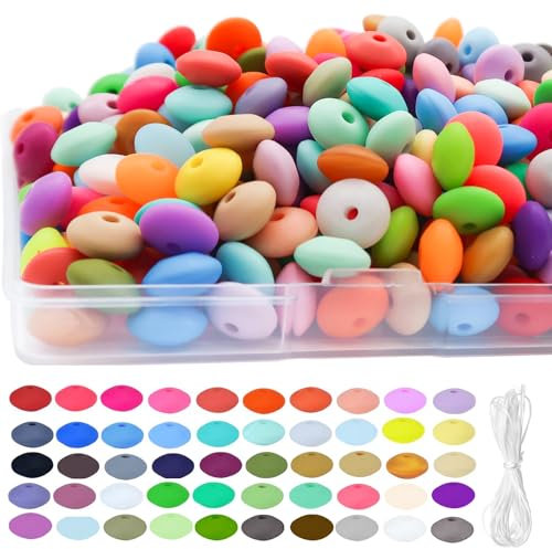 LET'S BEADING 300Pcs Silicone Lentil Beads 12mm 50 Colors Bulk Abacus Loose Spacer Colorful Lanyard for Jewelry Bracelet Necklace Keychain Craft Making