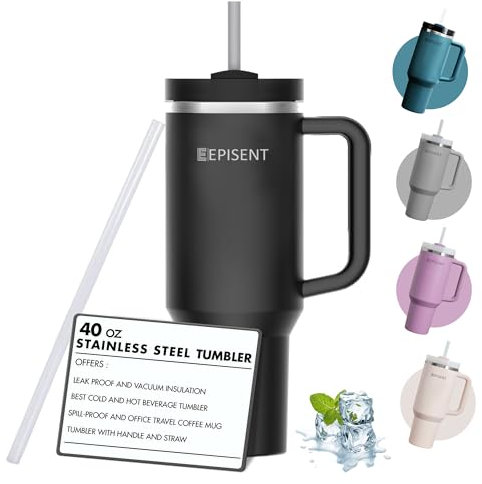 EPISENT 40oz Tumbler with Handle & Straw – Leak-Proof Stainless Steel Travel Mug | Vacuum Insulated Thermos Cup for Hot & Cold Drinks | Fits Car Cup Holders – Viral Gift for Men & Women (Black)