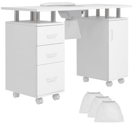 HaiYiZuhause Maniküre Tisch, Nageltisch für Nail Tech mit 3 Schubladen 3 Aufbewahrungsschränke, Staubsammler Handgelenkkissen Weiche Armlehne, Abschließbare Räder für Schönheitssalon Maniküre, Weiß