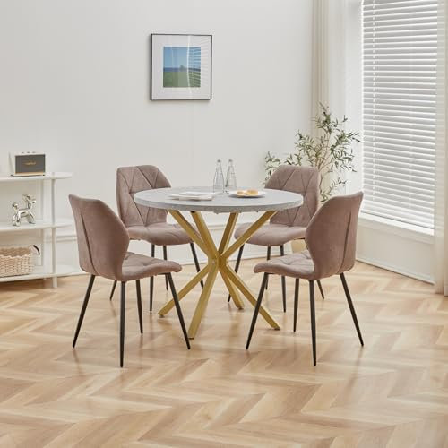 DEYARNA HOME Essgruppe Set Tisch und Stühle, 100cm Runder Esstisch und 4 Leinen-Esszimmerstühle, 4 Stühle & Tisch für Küche, Esszimmer und Wohnzimmer (Braun-LX, 100 * 100 * 76.5cm (Grau/Gold))