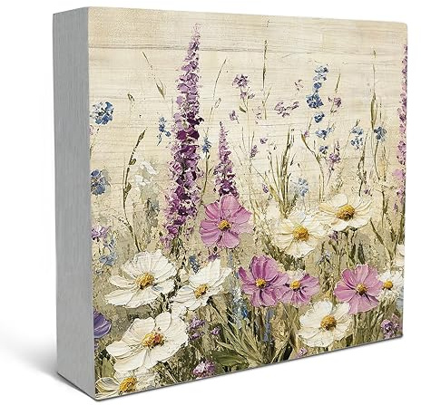 SRADMO Watercolor Spring Wildflowers Wood Box Sign Desk Decor, Wildflower Floral Decorations, Floral Room Decor, Flower Theme Wooden Block Box Sign Decoration for Home Office Shelf Table