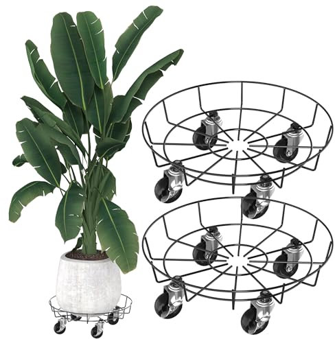 YRHome Lot de 2 roulettes pour plantes - En métal - Noir - Pour l'extérieur et l'intérieur - Soucoupe avec roulettes - Base ronde - Diamètre : 33 cm - Jusqu'à 150 kg