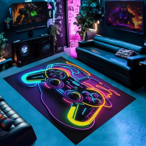 PEIHUODAN Neon Controller Spielteppich Für Teenager Jungen Cyber Blau Lila Teppich Mit Anti-Rutsch, Ultra-Soft 3D Print Design Für Spielzimmer, Schlafzimmer & Wohnzimmer Dekoration (Farbe 3,50x80cm)