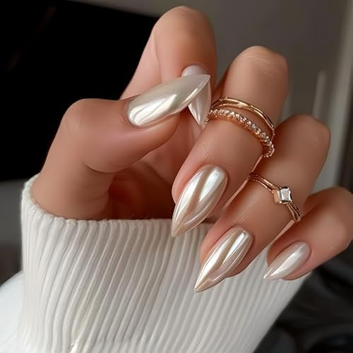 KQueenest Chrome Light Red Press on Nails Almond Medium Glitter Metallic False Nails Medium, Luxury Design Acrylic Fake Nails Set with Bling Mirror Effect Stick on Nail for Women 24 Pcs