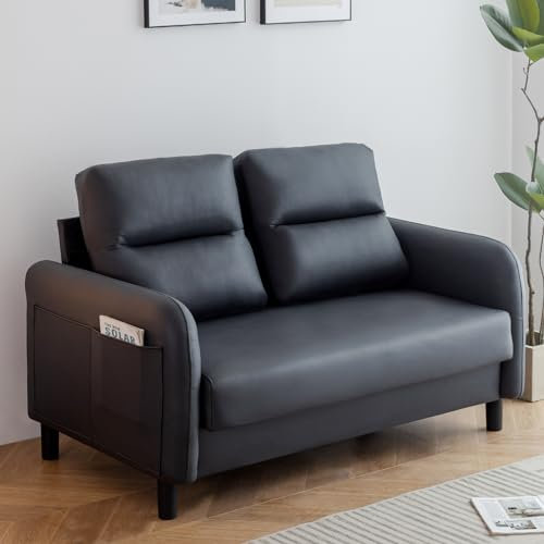 Modernes schwarzes 2-Sitzer-Sofa aus Kunstleder, mit Armlehne, bequemes, kleines Zweisitzer-Sofa für Wohnzimmer