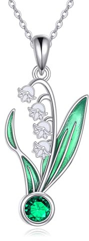 CUPENDA Collier muguet pour femme en argent sterling S925 avec pendentif fleur émeraude verte pierre de naissance pour mai bijoux cadeaux d'anniversaire, Standard, Argent sterling, Pas de gemme
