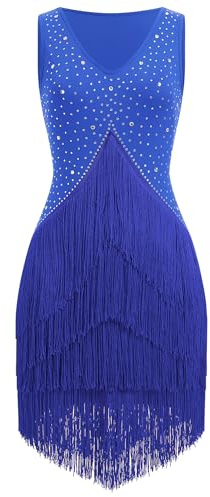 EFOGEP Damen Fransenkleid Tanzkleid Salsa Bachata mit Strass | Mehrlagige Fransen im Vintage-Stil mit eleganter Optik für Salsa, Bachata, Shows und festliche Anlässe