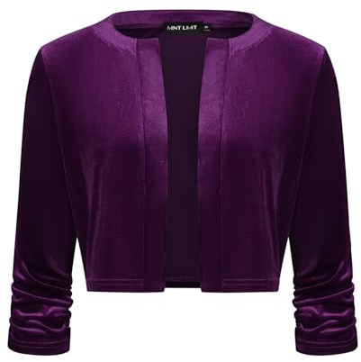 Kyzoeyou Cardigan da donna in velluto bolero corto coprispalle elegante increspato maniche a 3/4 cardigan aperto davanti casual coprispalle top, P-viola, S