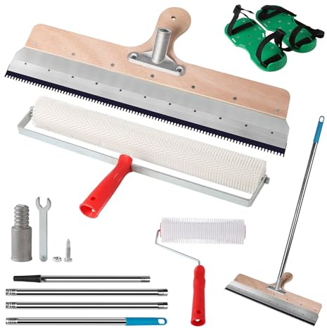 CPROSP 5tlg Bodenbeschichtung Werkzeug Set, Ausgleichsmasse Boden Werkzeug | Für Selbstnivellierender Estrich; Flächenrakel 56 Cm+2*Stachelwalze(47 Cm+21 Cm)+Nagelschuhe 30 cm +Teleskopstiel 200 cm
