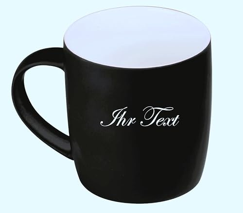 Tasse aus Porzellan/Außen gummiert/ 300ml – schwarz/Personalisiert/Geschenkverpackung/mit Tier-Motiven/oder nur Text Lasergravur (Schwarz, Nur Schrift (Henkel links))