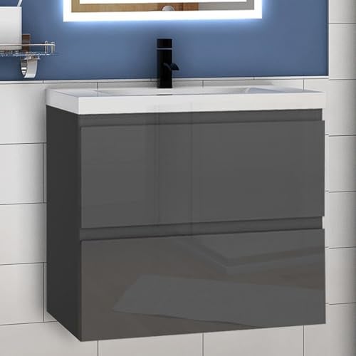 Aica Sanitär Waschtisch mit Unterschrank 50cm Alast Badmöbel Set Hochglanz Anthrazit Waschbecken mit Unterschrank MDF Softclose