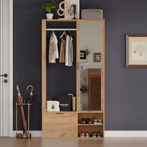 Kelodan Armadietti appendiabiti 100 x 33 x 190 cm, 6 in 1 con corridoio, per appendere cappotti, armadio con stendibiancheria, armadio e specchio, armadio con porta inferiore, colore legno