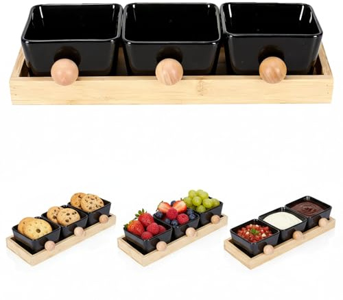 Punorric Snack Bowls & Wooden Serving Tray Set - Black Ceramic Tapas Dishes with Dipping Bowls, Party Serving Trays and Platters, Food Serving Trays for Home Dining Baking Catering Gift