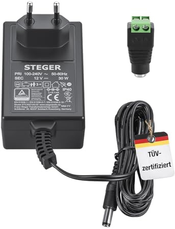 STEGER 12V Netzteil 2,5A 30W, zertifizierte Stromversorgung für Spielzeug, LED, Modellbau und IT-Geräte, 12 Volt Netzgerät mit Stecker 5,5mm x 2,1mm, Universal Netzteil 100-240V AC/DC Adapter 50-60Hz