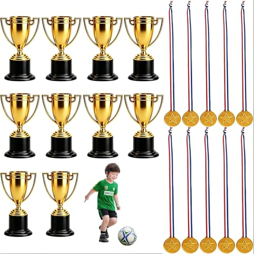 10 teiliges Sportfest Goldmedaillen & 10 Mini Pokale Trophäen für Kinderg | Medaillen Kind Mini Pokal Gewinner, Fußball Pokal Medaillen Mini,Pokal Mit Gravur, Gewinnergold für Kid Party Sports Awards