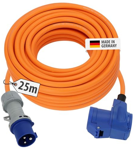 Brennenstuhl Camping Verlängerungskabel, CEE-Stecker und Winkelkupplung 25m | Inkl. Schutzkontakt-Kombisteckdose mit LED Spannungsanzeige, 230V/16A, Einsatz im Außenbereich, Made in Germany