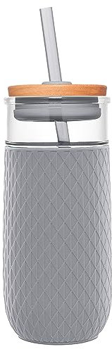 Ello Devon Glass Tumbler, Protective No Sweat Silicone Sleeve and Splash Proof Wooden Detail Lid with Straw, 18 oz