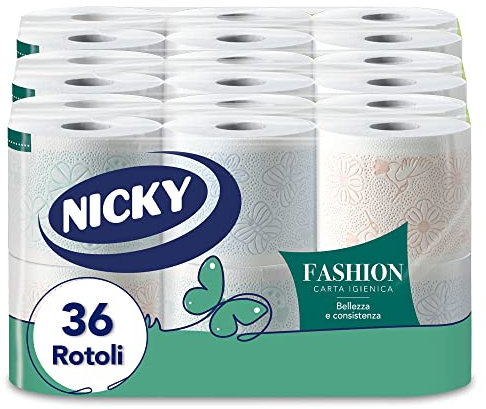 Nicky Fashion 4-ply Toilet Paper, Pack of 36 Rolls (3 x 12 rolls), 165 Tears Per Rll, Decorated Resistant and Soft on the Skin, Delicately Scented with Talc