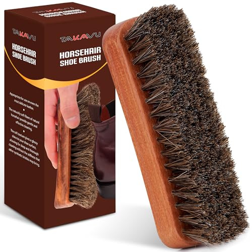 TAKAVU Shoe Brush 100% Genuine Horse Hair, Won't Scratch Leather (1 Piece) | Horsehair Shoe Shine, Buff & Polish Brush for Boots, Dress Shoes, Bags, Belts & Furniture, Concave Wood Handle