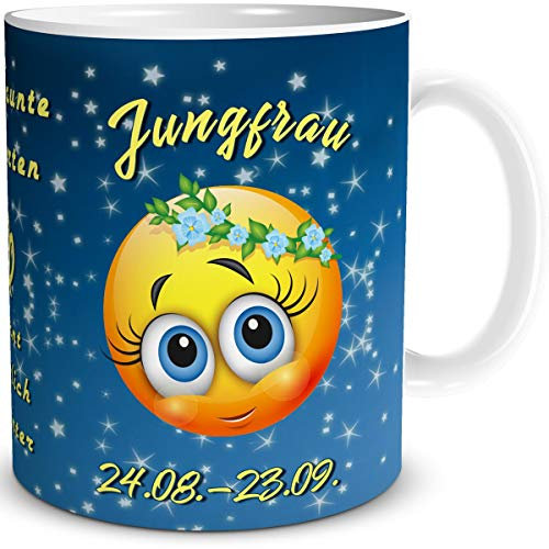 TRIOSK Tasse Smiley mit Spruch lustig Sternzeichen Jungfrau Geburtstagstasse Geschenk für Frauen Männer Arbeit Büro Kollegen Geburtstag