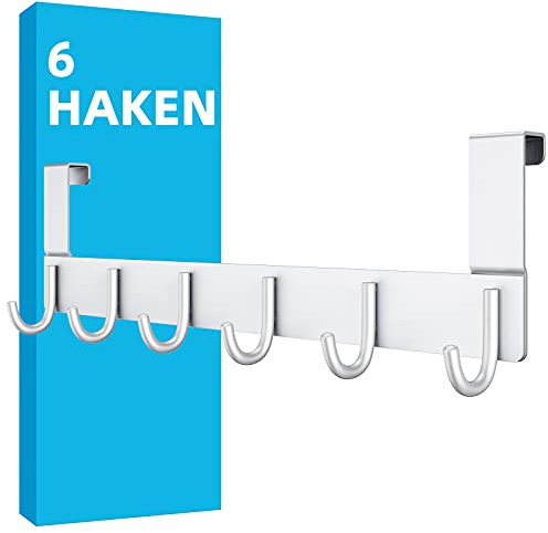 DeYoun Türgarderobe mit 6 Haken - Türhakenleiste für Tür bis 2cm Türfalz - Türhaken zum Einhängen für Küche Flur Bad Wohnzimmer Schlafzimmer - Kleiderhaken Tür ohne Bohren - Aufhänger für Tür