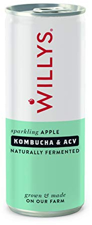 WILLY'S Apple Kombucha & Apple Cider Vinegar - Probiotics For Detox & Gut Health - Vegan & Gluten Free - 12 x 250ml Cans - Sustainable ACV