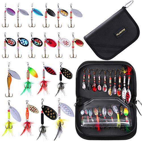 PLUSINNO Angelköder für Barsch, 20 Spinnköder mit tragbarer Tragetasche, Barschköder, Forellenköder, Hartmetall-Spinnköder-Set (20-teiliges Spinner-Set mit Tasche)