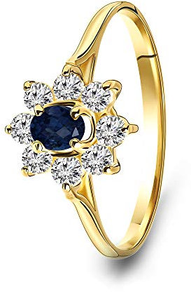 MIORE Ring Damen Verlobungsring Gelbgold 14 Karat / 585 Gold mit Edelstein blauer Saphir und rundschliff Zirkonia Steinchen, Schmuck