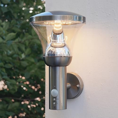 NBHANYUAN Lighting Outdoor Wall Light with Motion Sensor,SUS 304 Stainless Steel LED Outside Wall Lights Outdoor Wall Lamp Weatherproof 3000K Warm White Light for Garden,Porch,Silver,IP44 1000LM