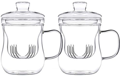 2 Stück Teetassen mit Glas-Filter und Deckel. Handgefertigte Teegläser für losen Tee oder Beutel. Mit je 400ml Füllvolumen und elegant geschwungener Form.