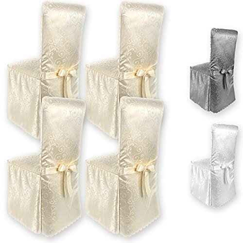 Gräfenstayn® 4er-Set Stuhlhusse Sofia mit Schleife, im Jacquard Muster runde und eckige Stuhllehnen Universal-Passform (Creme)