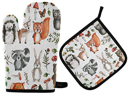 HMZXZ RXYY Tiers NiedlichFuchs Hase Eule Blume Ofenhandschuhe Gesteppt Baumwolle Beschichtung Topflappen BBQ Handschuhe-Ofenhandschuhe Hitzebeständig Küche Sicher Matten für Backen Kochen