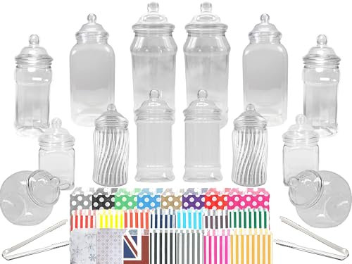 Truly Sweet Candy 14 Plastic Sweet Jars, 7 Styles, 2 Tongs and 50 Bags. Ideal for Party, Wedding, Sweet Table, Candy Buffet (Pink Polka Dot Bags)