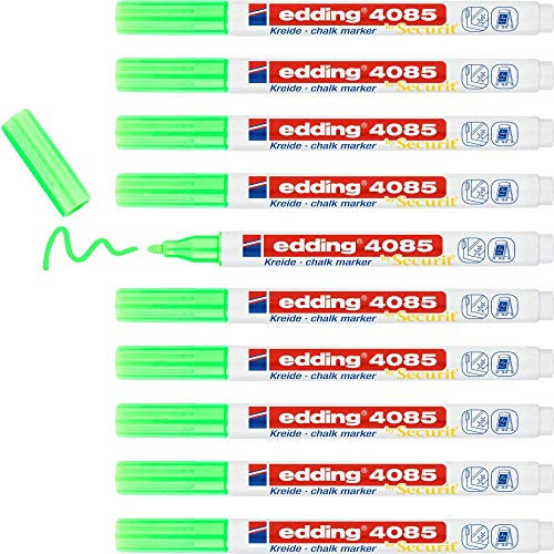 edding 4085 Kreidemarker - neon-grün - 10 Kreidestifte - Rundspitze 1-2 mm - dünner Kreidestift für Tafel abwischbar - zum Beschriften von Fenster, Glas, Spiegel - Tafelstift mit deckenden Farben