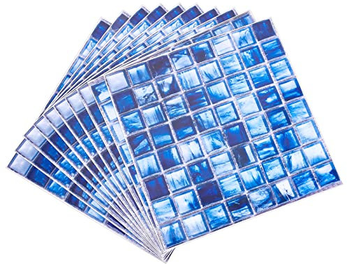 PandaHall 10 stücke 3D Mosaik Fliesen Aufkleber Selbstklebende Aufkleber Blau Abnehmbare Tapete Fliesen Peel And Stick Fliesen Backsplash Wandaufkleber Wohnkultur Für Küche Badezimmer, 20x20 cm