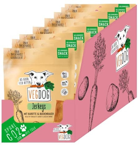 VEGDOG Jerkeys hypoallergener Snack für Hunde (9 x 80 g) | leckeres Aroma mit Buchenholz Rauch |Belohnungssnack für Allergiker mit Karotte und Gemüse