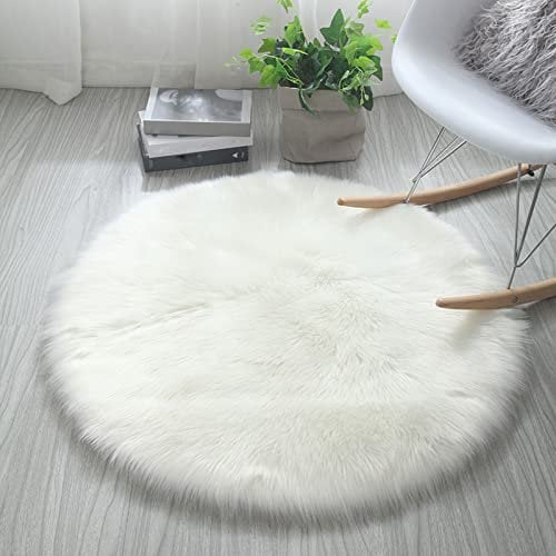YANaafe Plush Carpet Tiles, Round Soft Faux Sheepskin Fur Area Rugs For Bedroom Living Room Floor Shaggy Plush Carpet White Home Floor Mat Rug Bedside Rugs (Color : White, Size : 180x180cm)