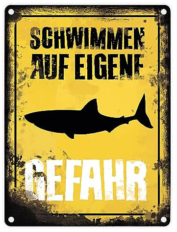 Schwimmen auf eigene Gefahr Metallschild in 15x20 cm für den Pool mit Hai lustiges Blechschild als Pooldekoration für zuhause oder um ungebetene Badegäste abzuschrecken